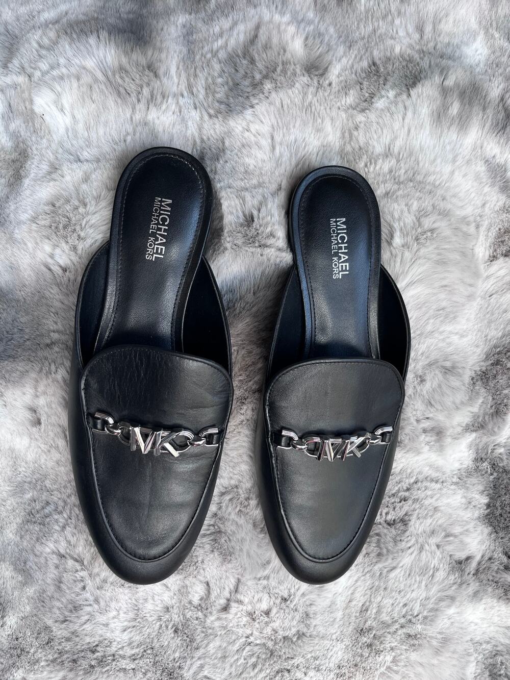 Michael Kors Black Leather Chain Mule Loafers Slide Shoes